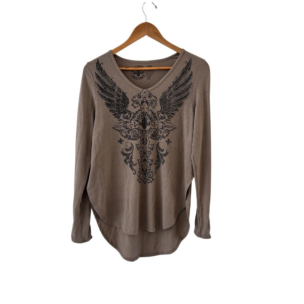 Affliction Winged‎ Cross Tunic Top Womens Size L Brown Studded Rhinestone Y2K